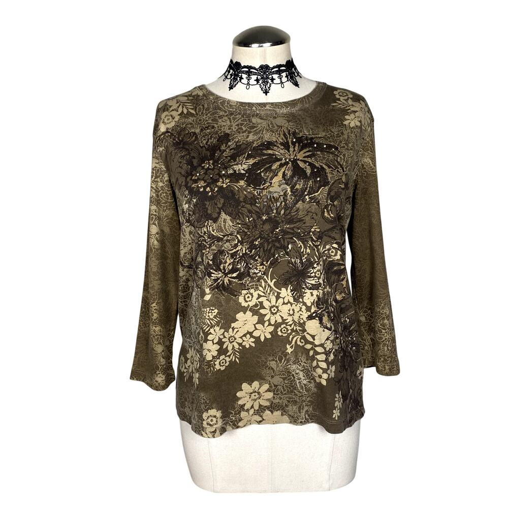 Vtg Y2K Floral Bedazzled Rhinestone‎ Grunge Autumn Grunge Whimsigoth Long Sleeve